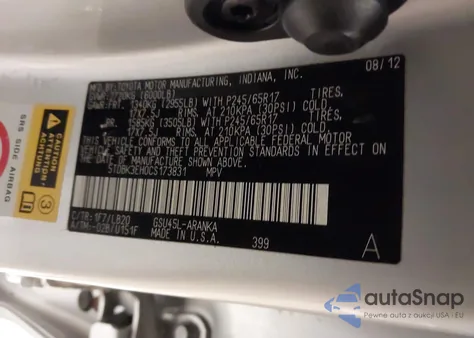 2012 Toyota Highlander Se V6 z USA, uszkodzony, nr VIN 5TDBK3EH0CS173831